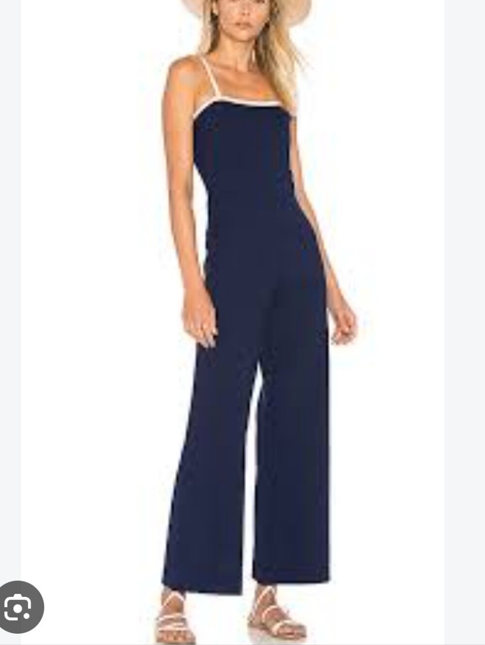 STAUD Solid & Striped Navy Jumpsuit with White Trim Straps Unreleased Hem